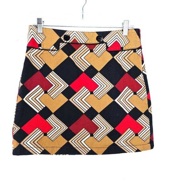 Ann Taylor Loft Petite Retro 70s 80s Geometric Mini Skirt in Red Black - Picture 1 of 8